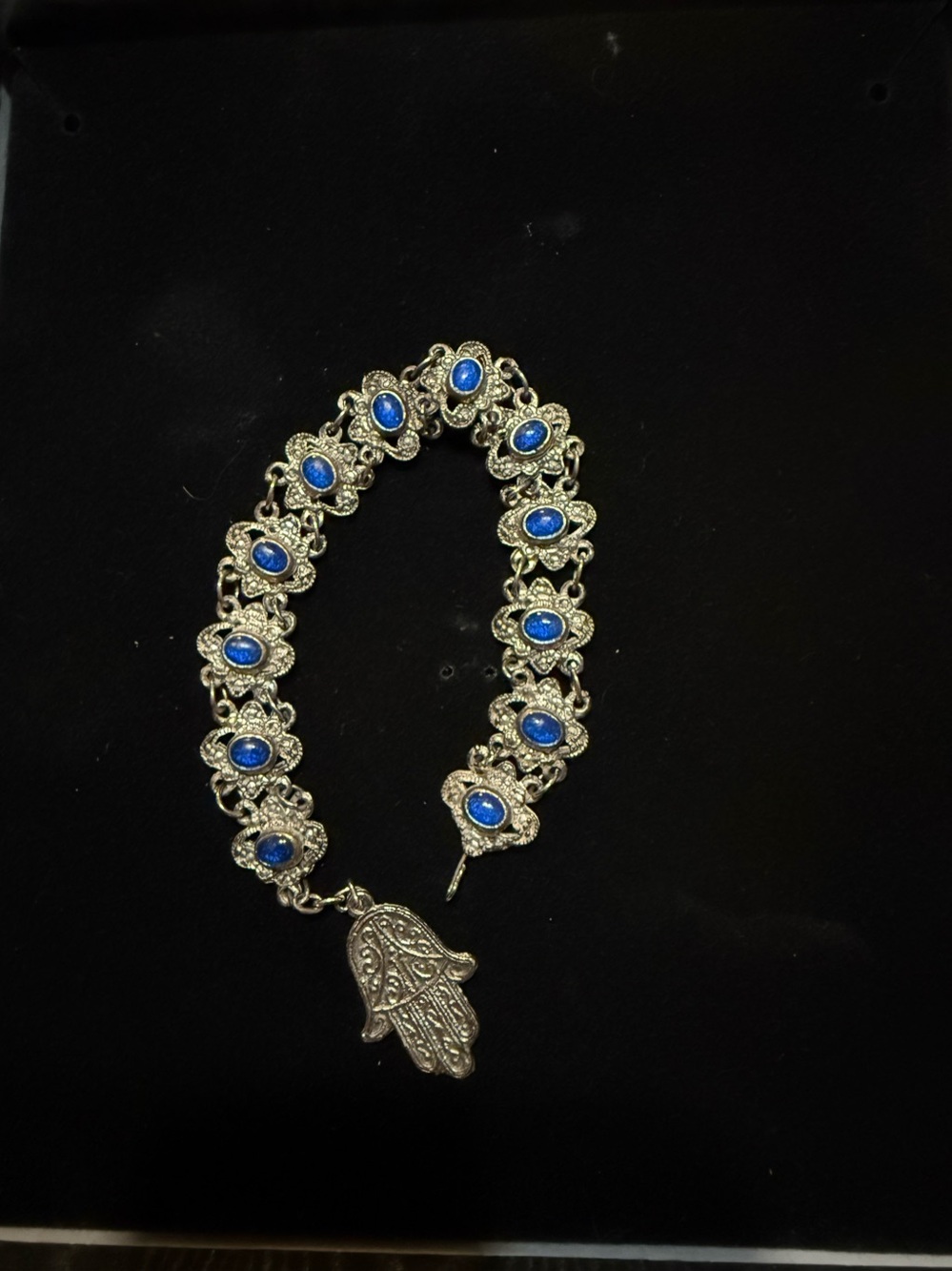 Silver Hamsa Link Bracelet with Blue Cabochons
